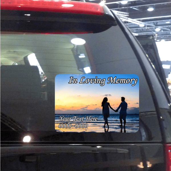 Custom memorial car window sticker, sunset couple silhouettes with 'In Loving Memory' text