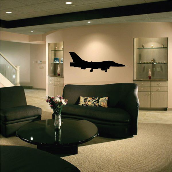 F-16 fighter jet wall decal with dark landing silhouette, side view