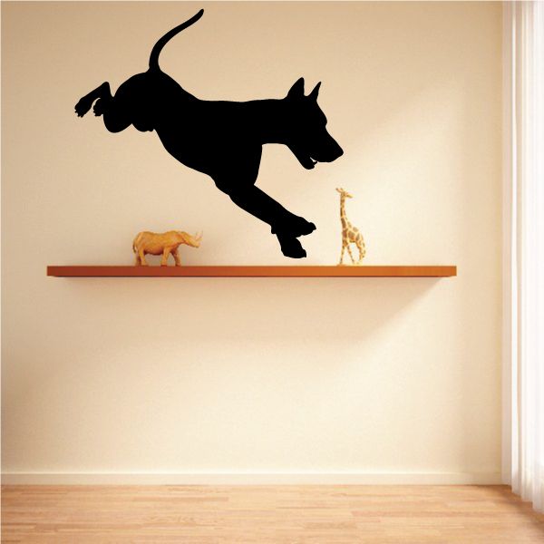 Landing Doberman Pinscher wall decal, black dog silhouette jumping forward