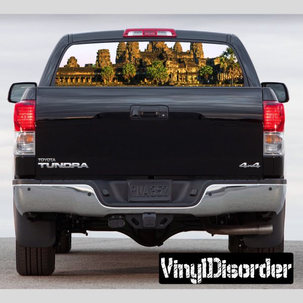 Rear window graphic decal with Angkor Wat landmark illustration on truck