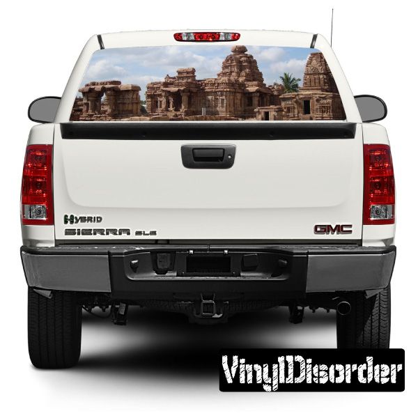 Rear window graphic decal with brown Bangalore landmark buildings on vehicle