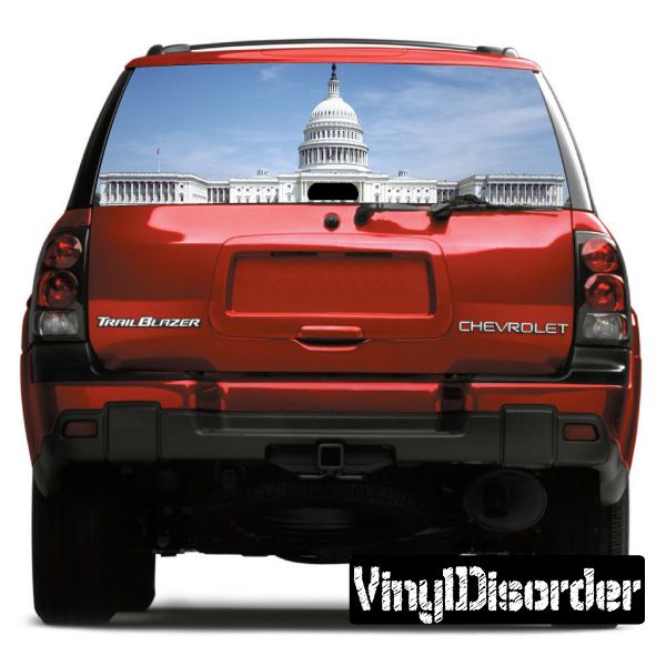 Red SUV rear window graphic with Capitol dome; Chevrolet and Trail Blazer badges