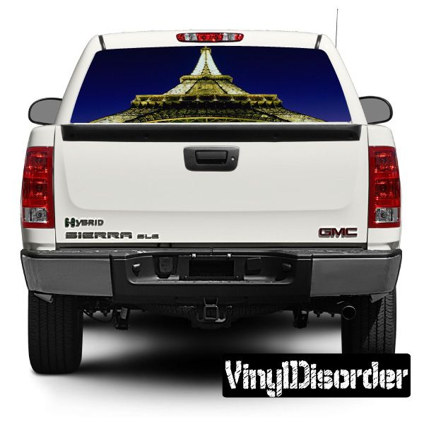 Eiffel Tower rear window graphic decal with blue night sky and gold tower