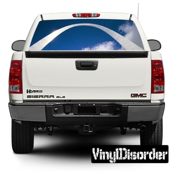 Vehicle rear window graphic decal with blue arch and cloud design