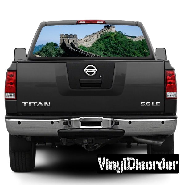 Truck rear window graphic decal showing Great Wall of China