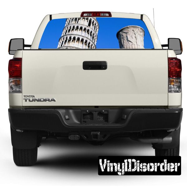 Pickup truck rear window graphic with landmark buildings and arches, white body