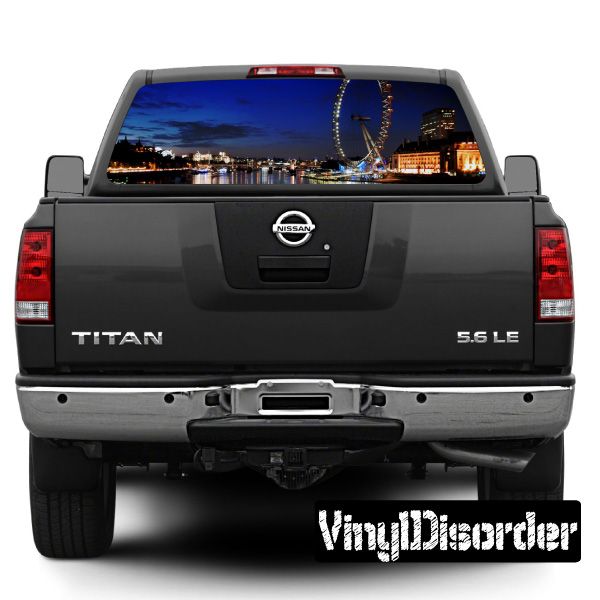 Rear window car graphic with London Eye skyline view on dark pickup truck