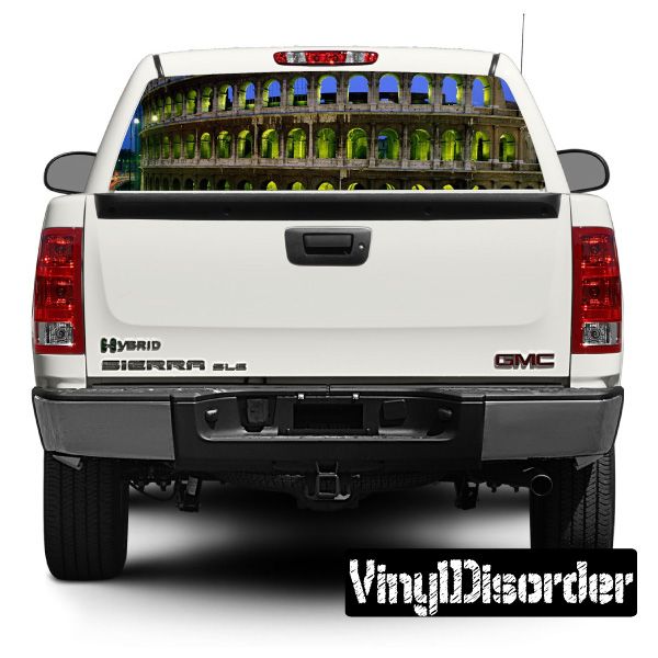 Rear window graphic featuring a green-and-blue building facade with arch rows