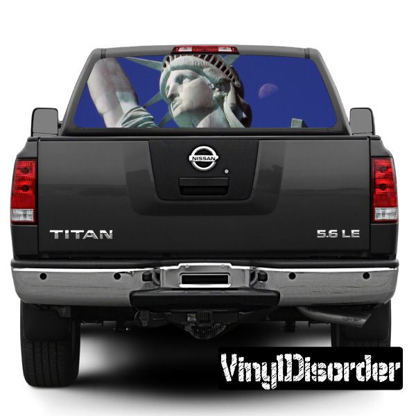 Car rear window graphic decal with Statue of Liberty portrait on blue