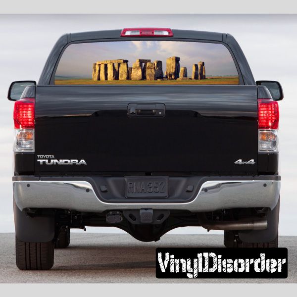Pickup truck rear window graphic decal with Stonehenge stone circle design