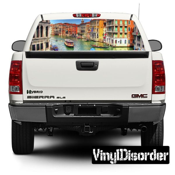 Car rear window graphic: Venice canal scene with colorful buildings and boats