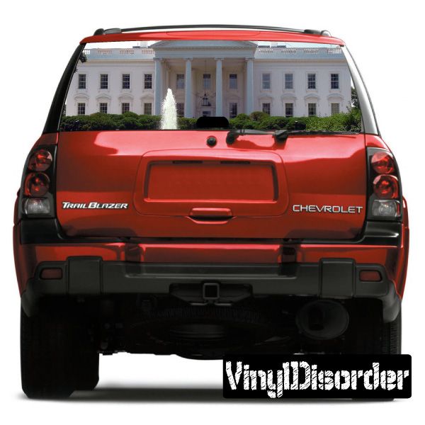 Car rear window graphic with White House landmark view, red SUV rear