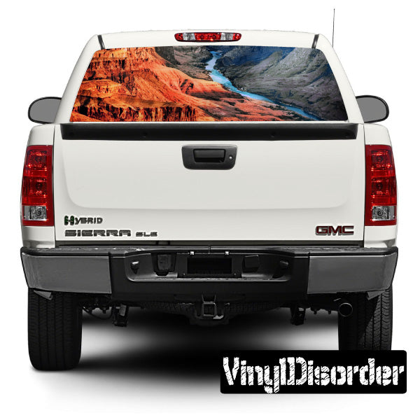 Rear window landscape graphic decal with desert and river scene