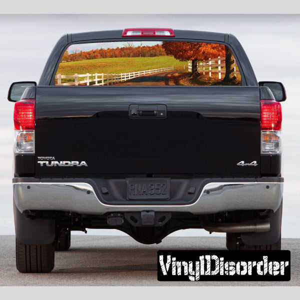 Truck rear window graphic with landscape scene