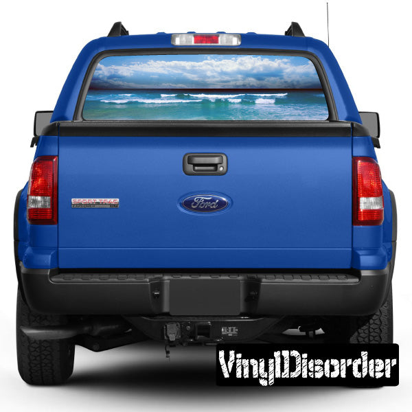 Truck rear window graphic landscape view through, blue ocean wave scene