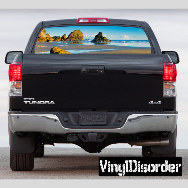 Rear window graphic decal with scenic ocean and mountains landscape