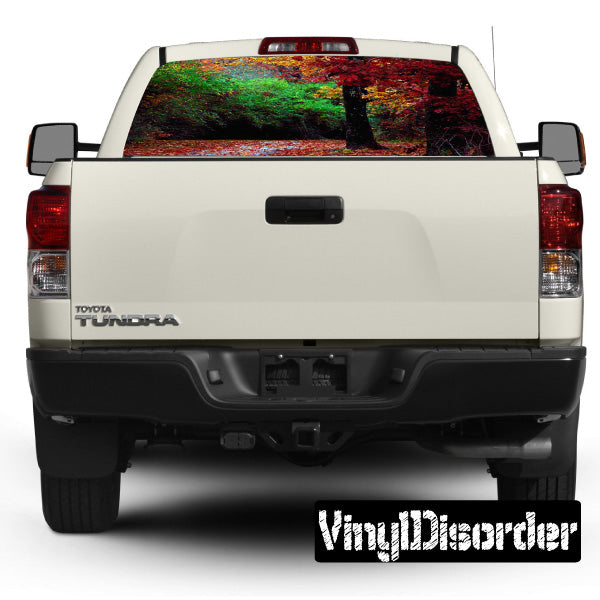 Pickup rear window landscape graphic decal with colorful scene