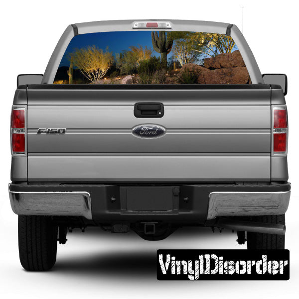 Truck rear window landscape graphic decal, view-through design on rear glass