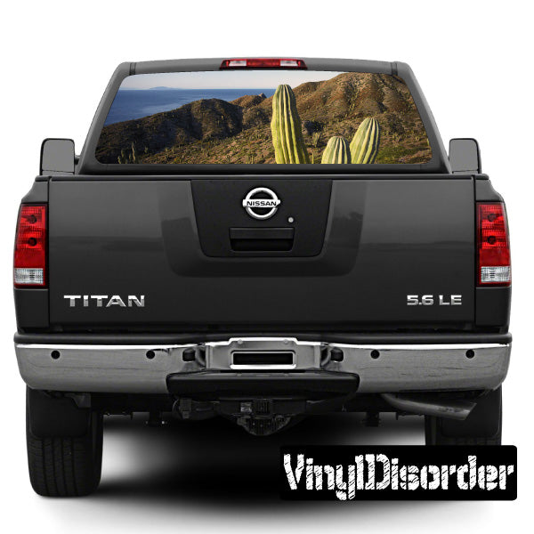 Cactus desert landscape rear window graphic decal on truck tailgate glass
