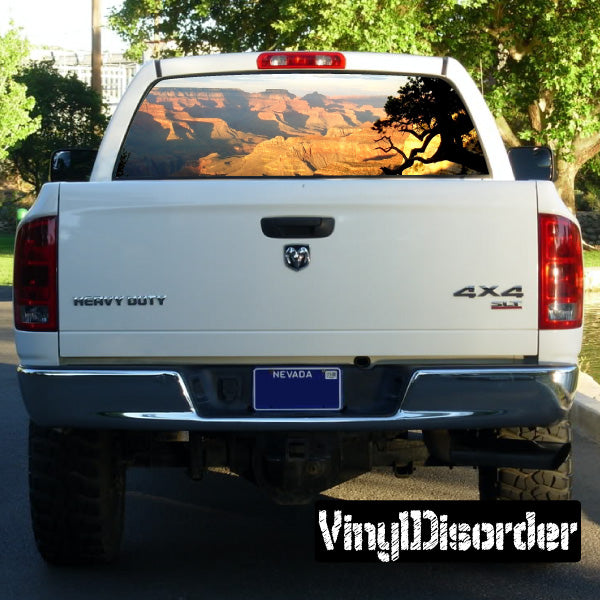 Pickup truck rear window landscape graphic decal in warm sunset colors