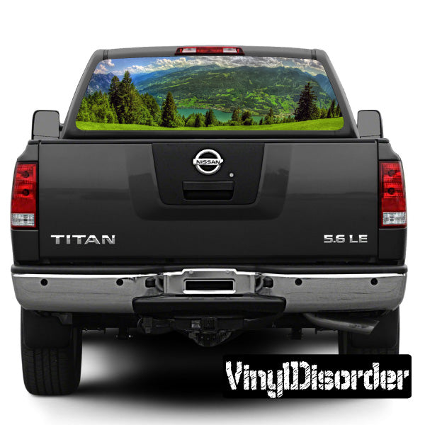 Car rear window landscape graphic with scenic lake and hills decal