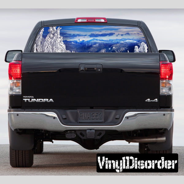 Rear window graphic decal with blue mountain landscape scene