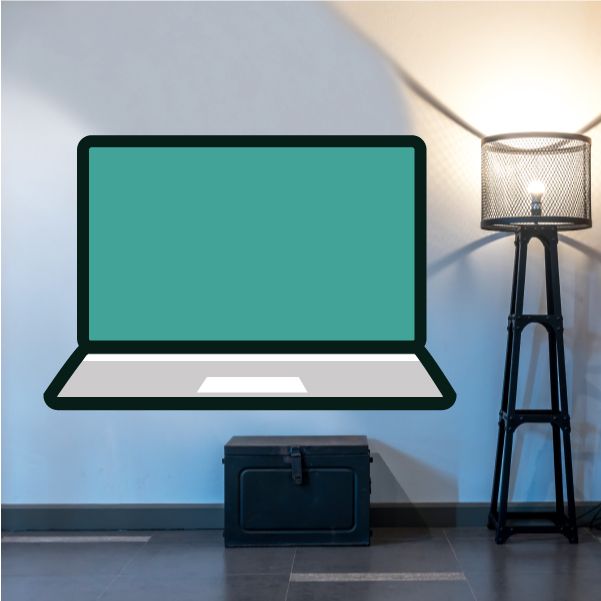 Laptop wall decal, teal screen with black laptop outline, vinyl sticker