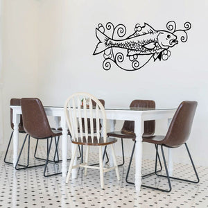 Large bass fish and swirl vines wall decal, black line art