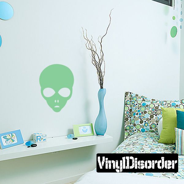 Large alien head wall decal, green with white eyes and mouth
