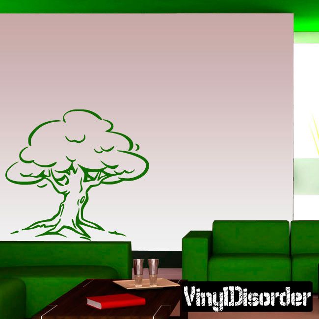 Large cartoon tree wall decal, green outline with roots and branches