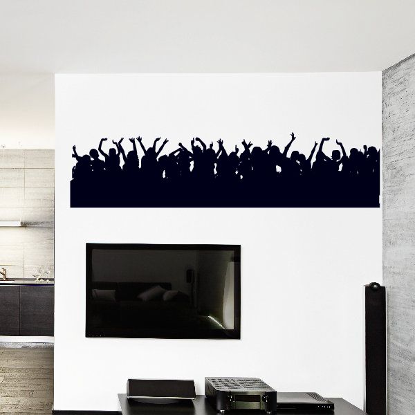 Large wall decal of a dark concert crowd silhouette with raised hands across top band