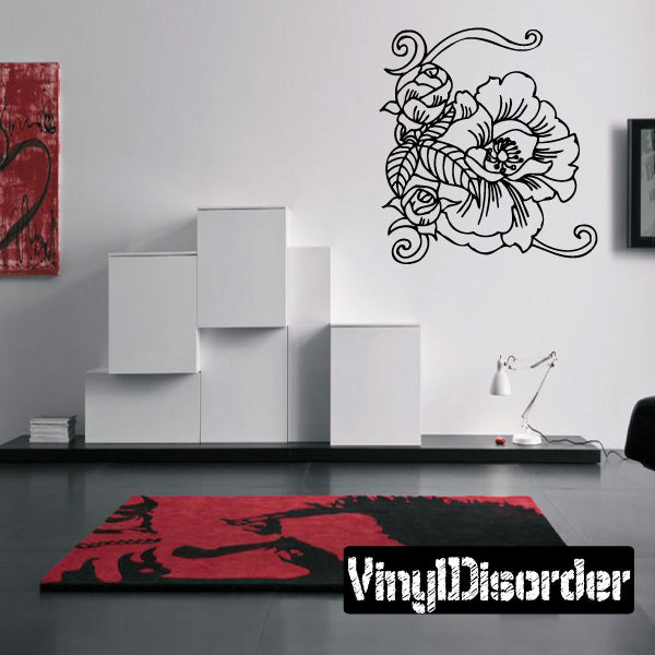 Large flower wall decal, black outline floral medallion with curved swirls