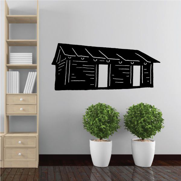 Large log cabin wall decal, black outline with white window details