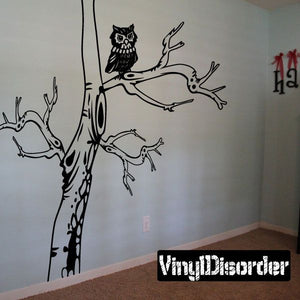 Scary tree wall decal with owl and branching vines
