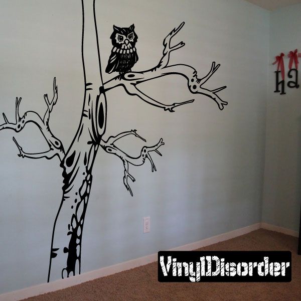 Scary tree wall decal with owl and branching vines