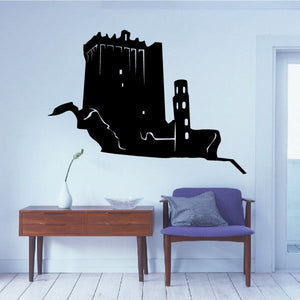 Large tower wall decal with black castle silhouette and spires