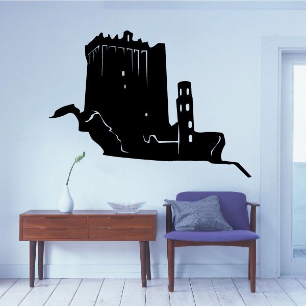 Large tower wall decal with black castle silhouette and spires