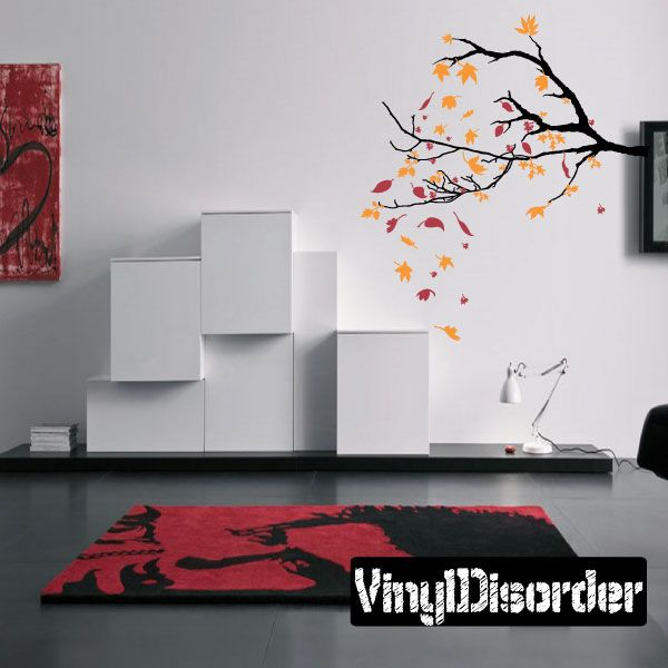 Large tree branch with orange and yellow leaves wall decal, black branch silhouette