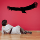 Large hawk flying wall decal, black silhouette with spread wings.