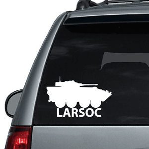 Car tank decal: white tank silhouette with LARSOC text on dark window