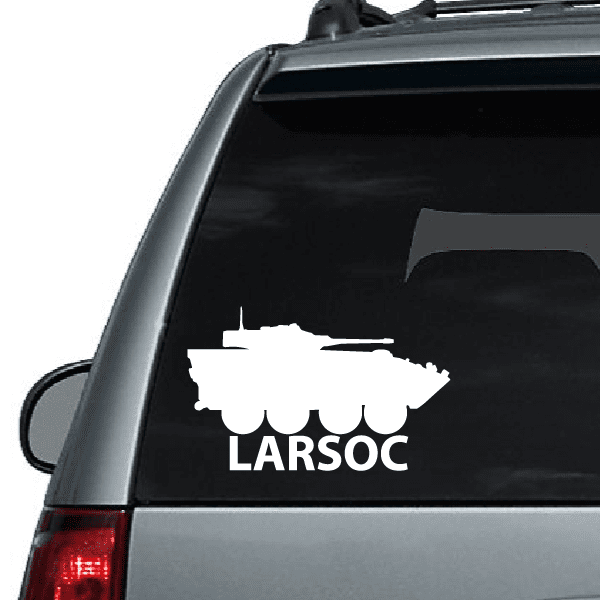 Car tank decal: white tank silhouette with LARSOC text on dark window