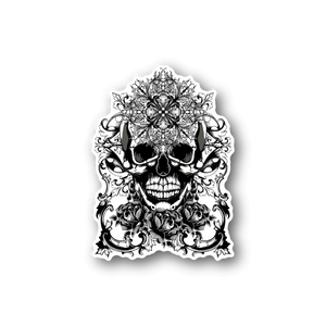 Skull vinyl sticker with ornate floral and rose designs
