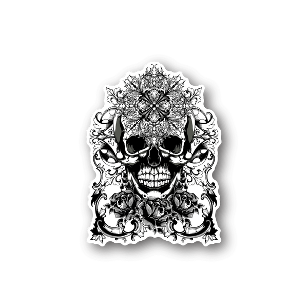Skull vinyl sticker with ornate floral and rose designs