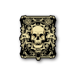 Vinyl sticker with gold skull illustration and ornate frame, dark backdrop