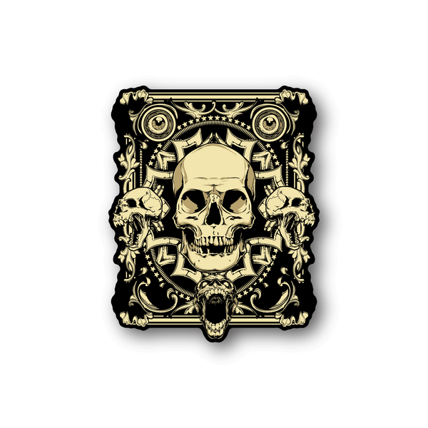 Vinyl sticker with gold skull illustration and ornate frame, dark backdrop