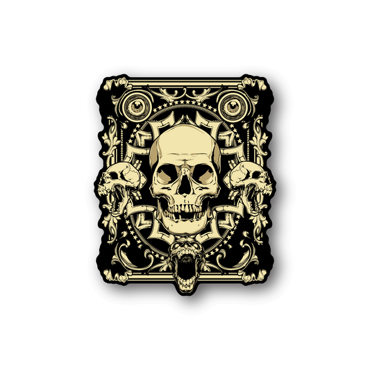 Vinyl sticker with gold skull illustration and ornate frame, dark backdrop