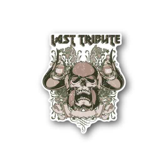 Devil skull vinyl sticker with ornate green-and-cream graphics and Last Tribute text
