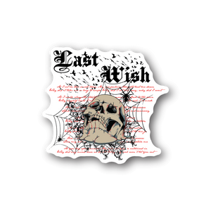 Skull and spider-web vinyl sticker with bold dark lettering and red details