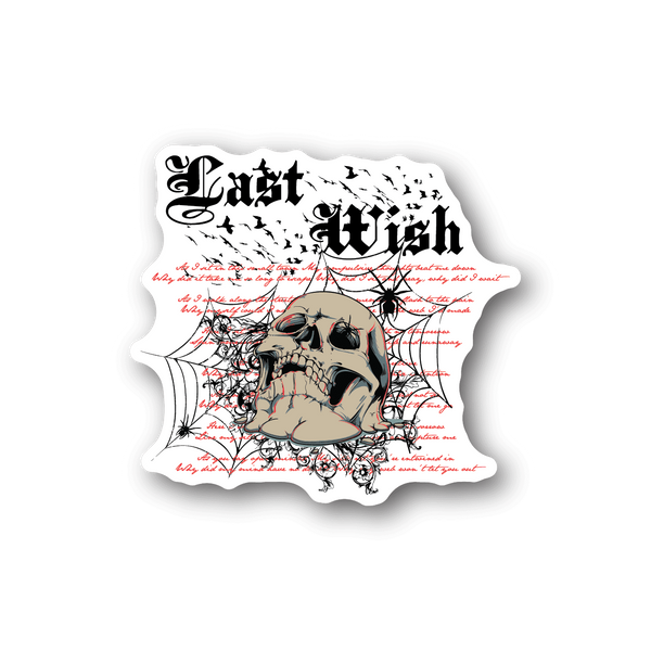 Skull and spider-web vinyl sticker with bold dark lettering and red details