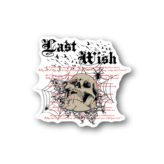 Skull and spider-web vinyl sticker with bold dark lettering and red details